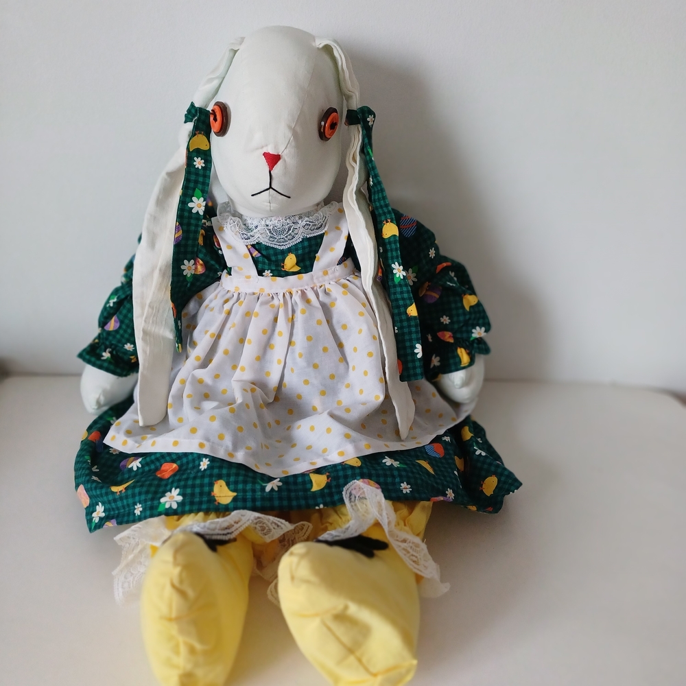 Handcraft Large Country Bunny in Green Floral Dress with Yellow Booties 26"